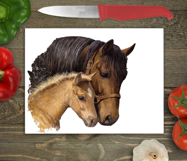 Horse and Foal Large Glass Chopping Board, Horse Glass Chopping - Click Image to Close